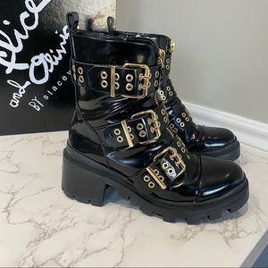 Alice + Olivia Black Combat Boots with Gold Buckles